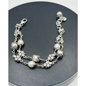 Brighton Atma White Pearls Rhinestone Silver‎ Tone Double Strand Bracelet J34522